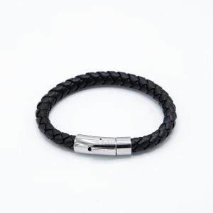 RVS Armband zwart gevlochten leder - smal