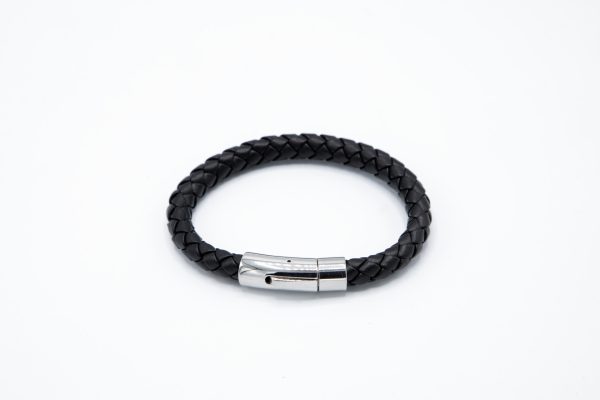 RVS Armband zwart gevlochten leder - smal